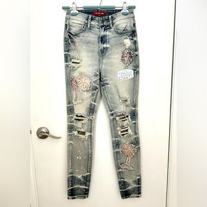 Smoke Rise NY Red Distressed Patched Ripped Jeans Sz 3/25 Rare Prototype NWT